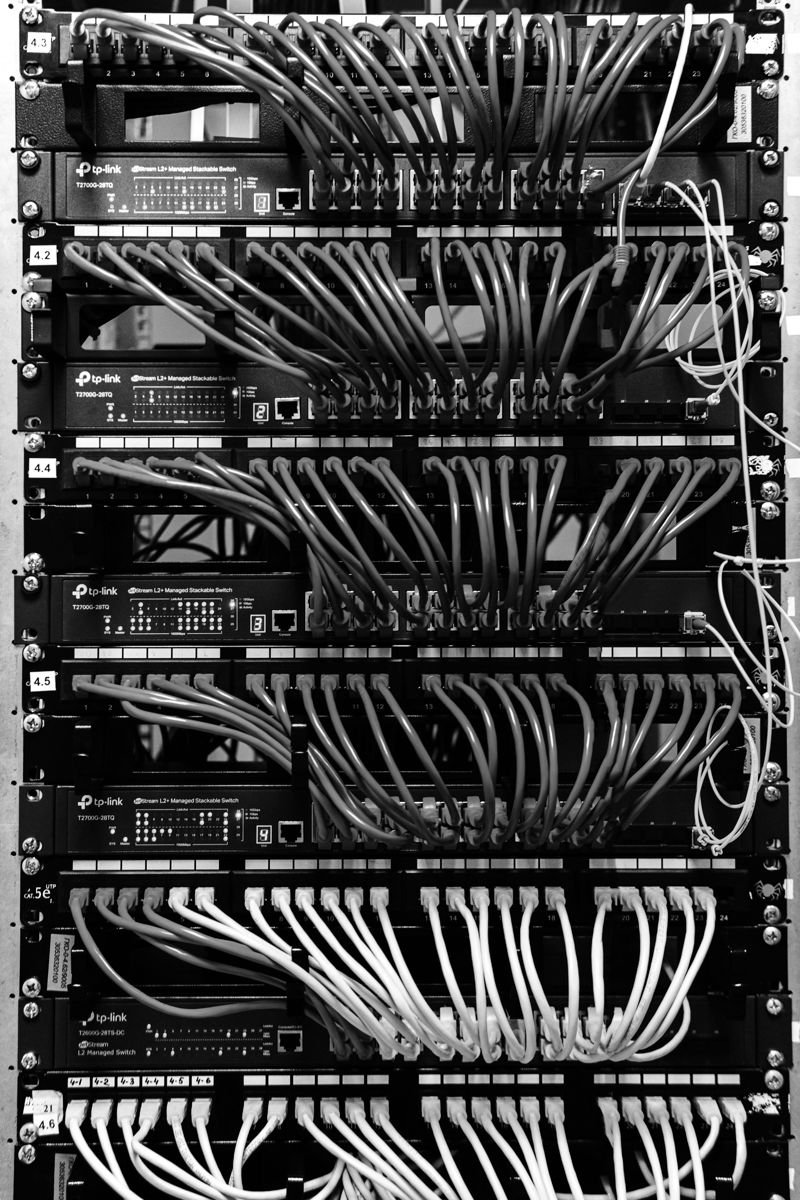 A network rack with patched cables